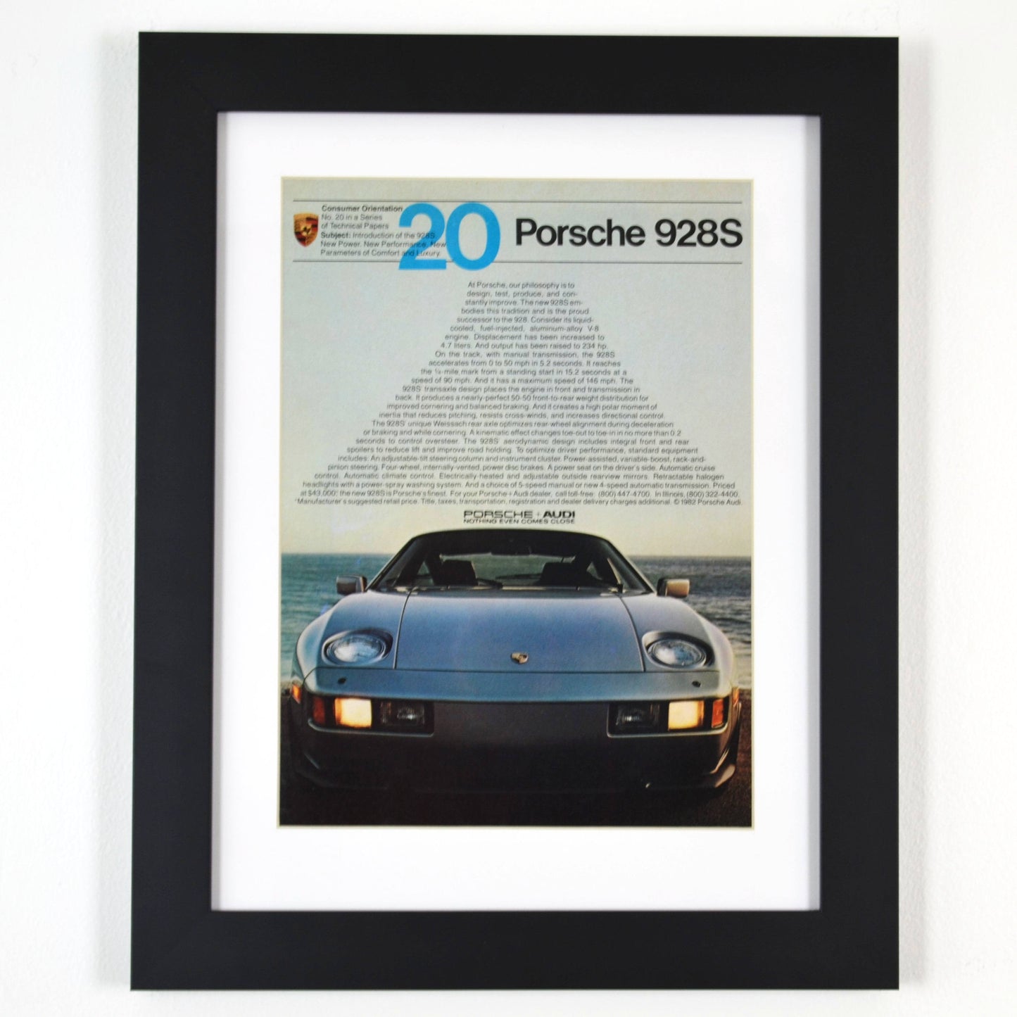 Vintage Porsche 928 Print Ad, framed