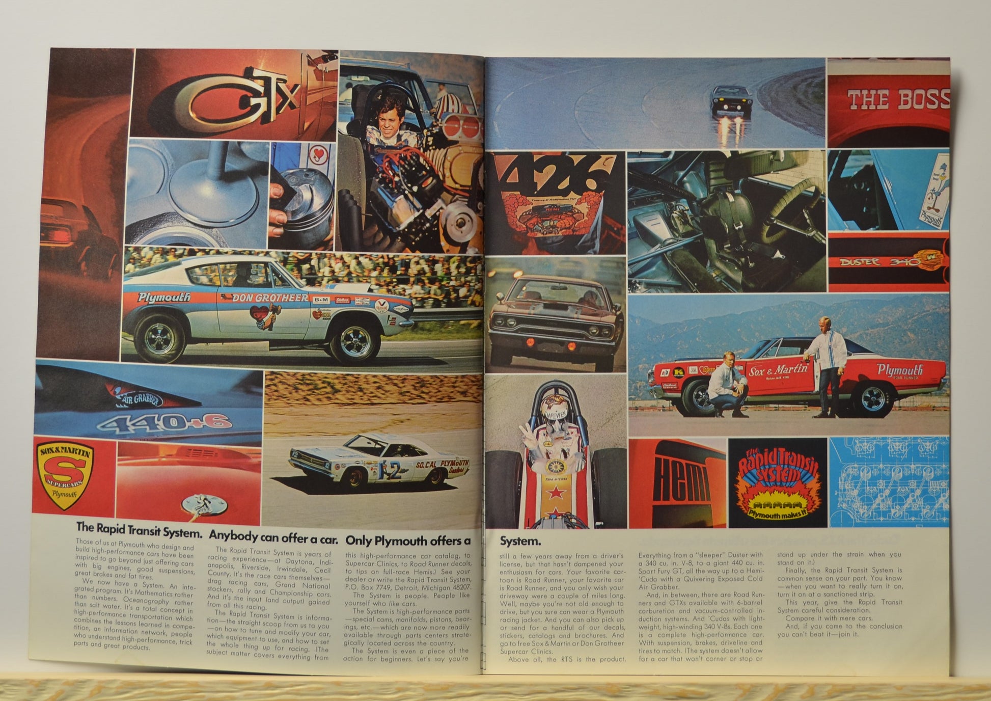Drag racing collage with Don Grotheer, Sox & Martin, and high-performance Mopar visuals