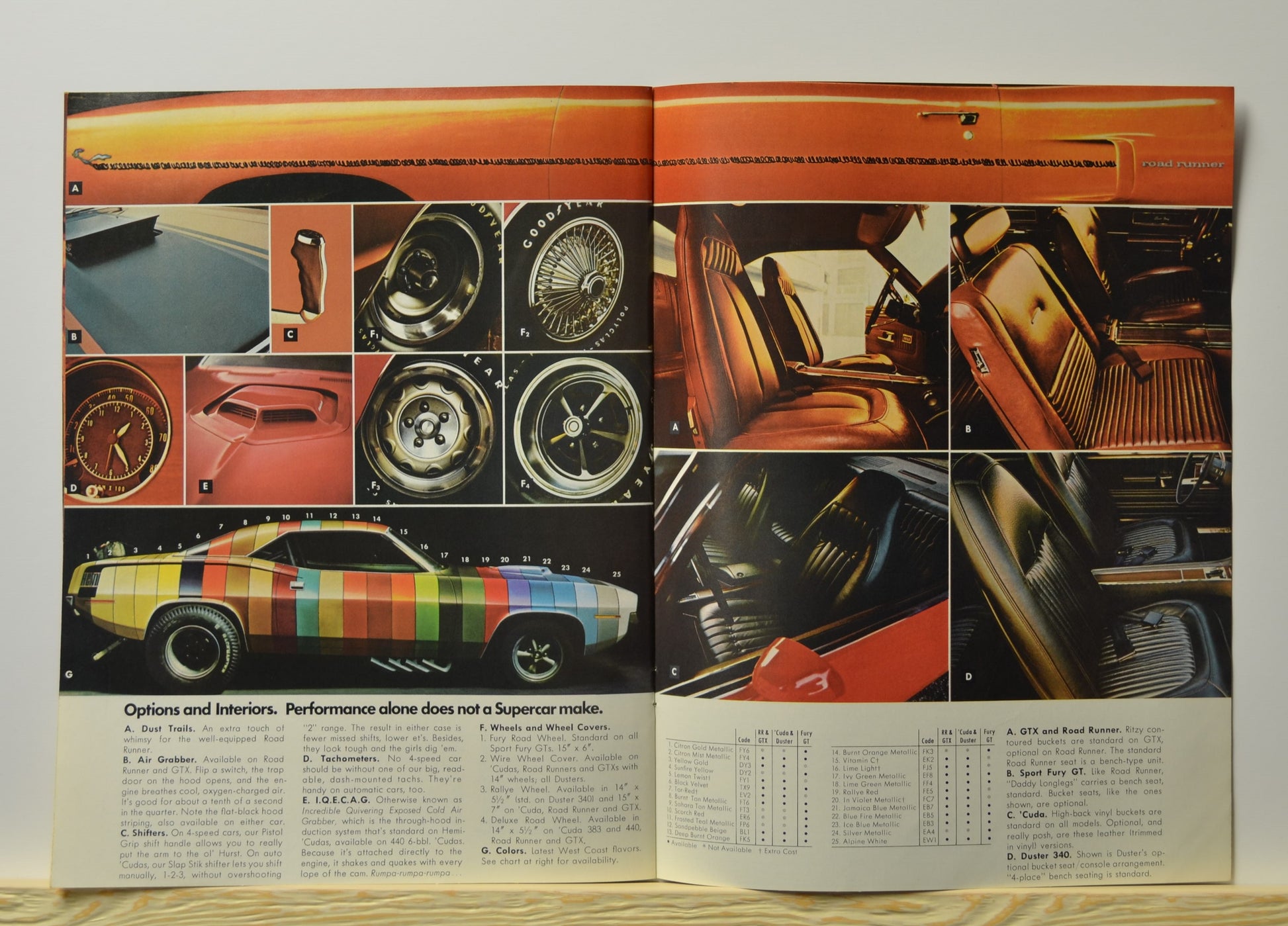 Interior and option layout showing seats, wheels, and stripe colors