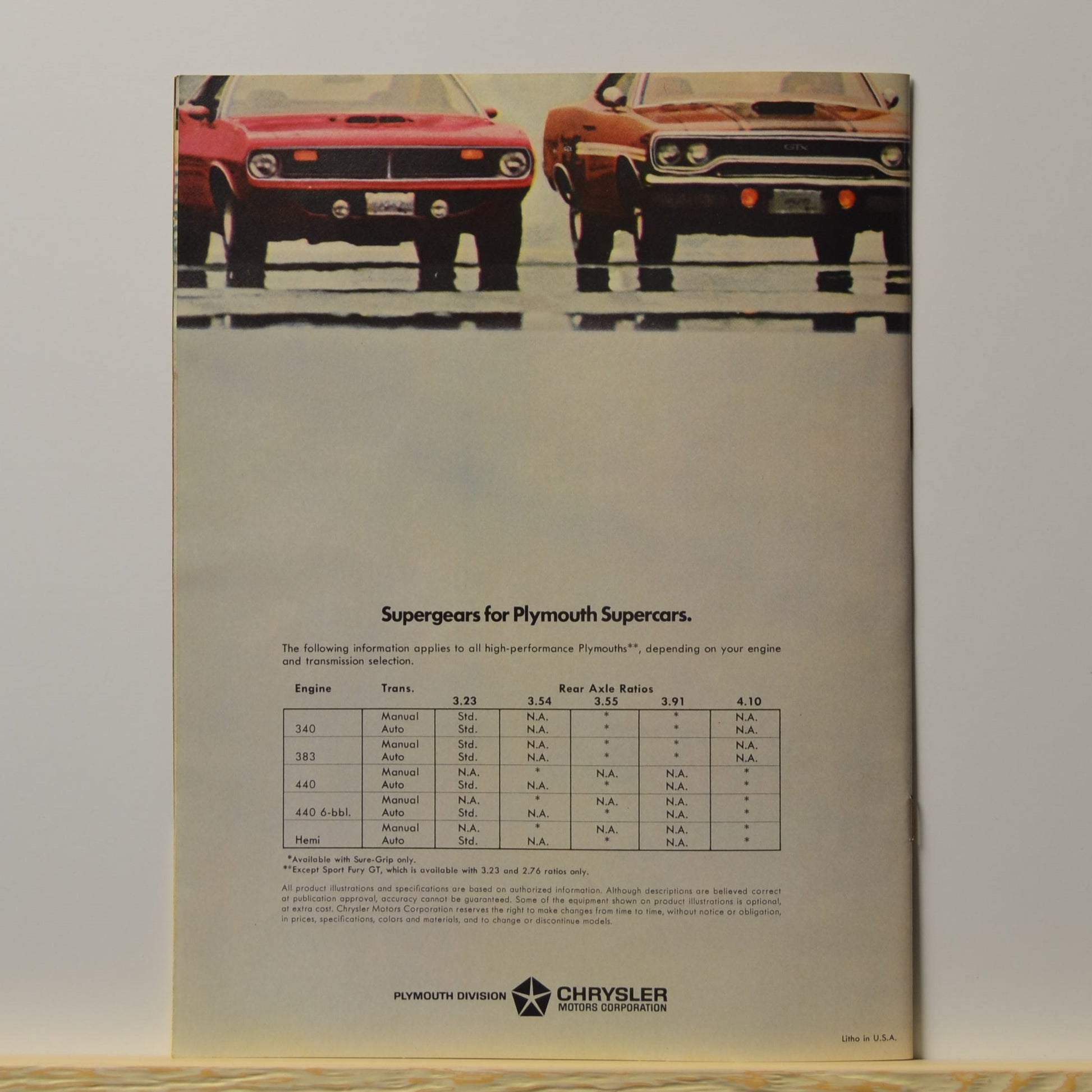 Back cover with gear ratio chart and rear shot of classic Mopars