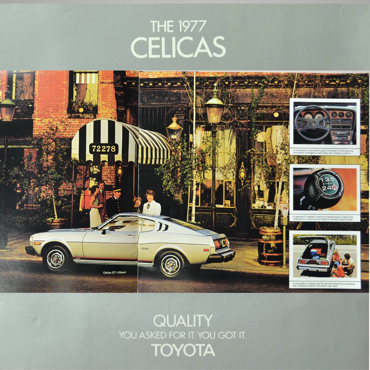 The 1977 Toyota Celica showcasing clean minimalist design in silver-gray with Toyota branding
