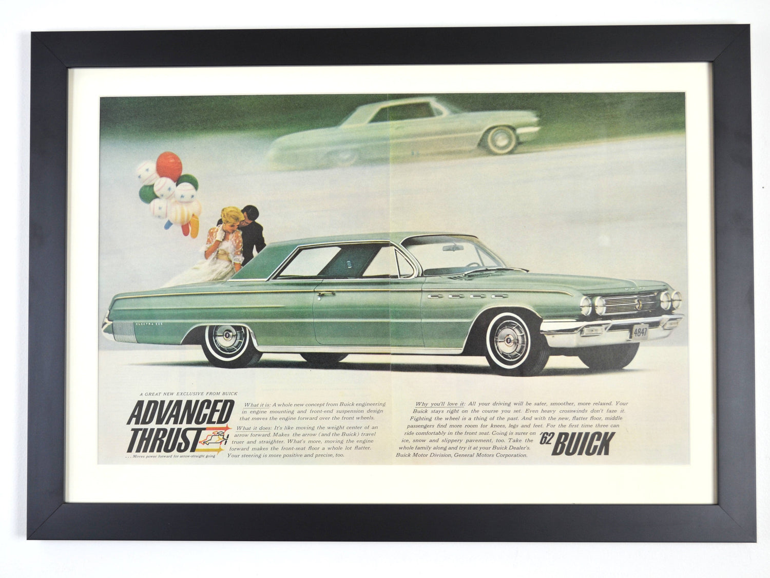 Framed vintage 1962 Buick Electra 225 advertisement featuring a sleek green luxury sedan with a stylish couple and balloons in the background. A classic for Buick collectors