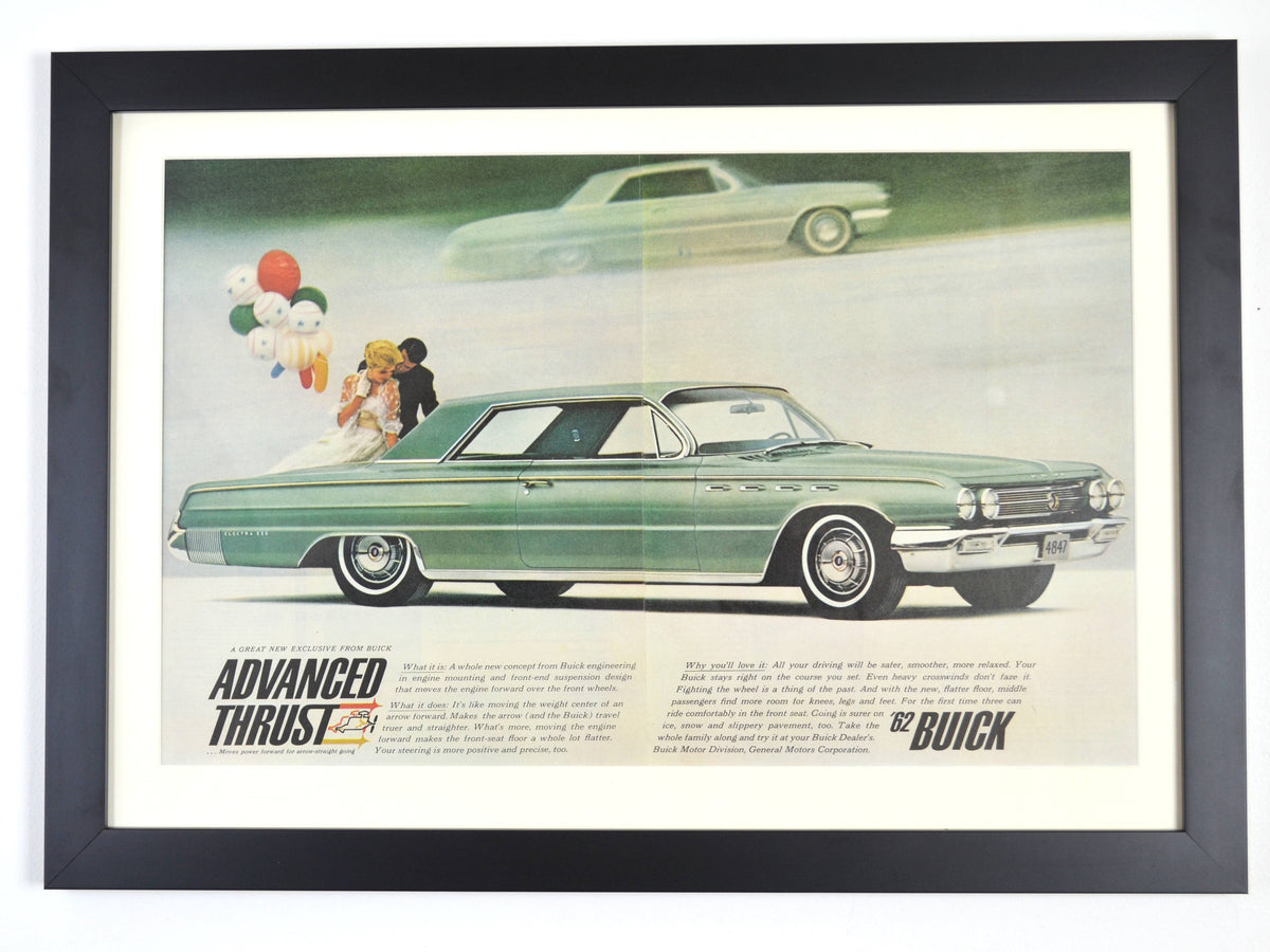 Framed vintage 1962 Buick Electra 225 advertisement featuring a sleek green luxury sedan with a stylish couple and balloons in the background. A classic for Buick collectors