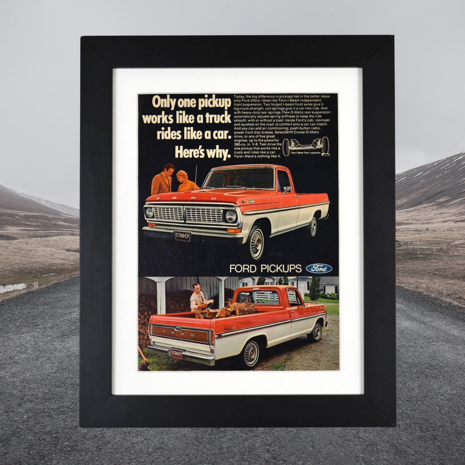 Collage of vintage truck advertisements featuring Ford, Chevrolet, Dodge, International Harvester, and GMC trucks, including pickups, vans, and work trucks.