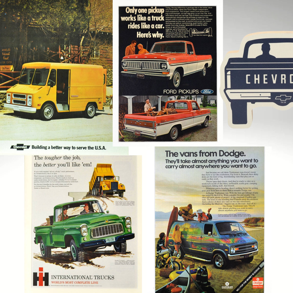 Collage of vintage truck advertisements featuring Ford, Chevrolet, Dodge, International Harvester, and GMC trucks, including pickups, vans, and work trucks.