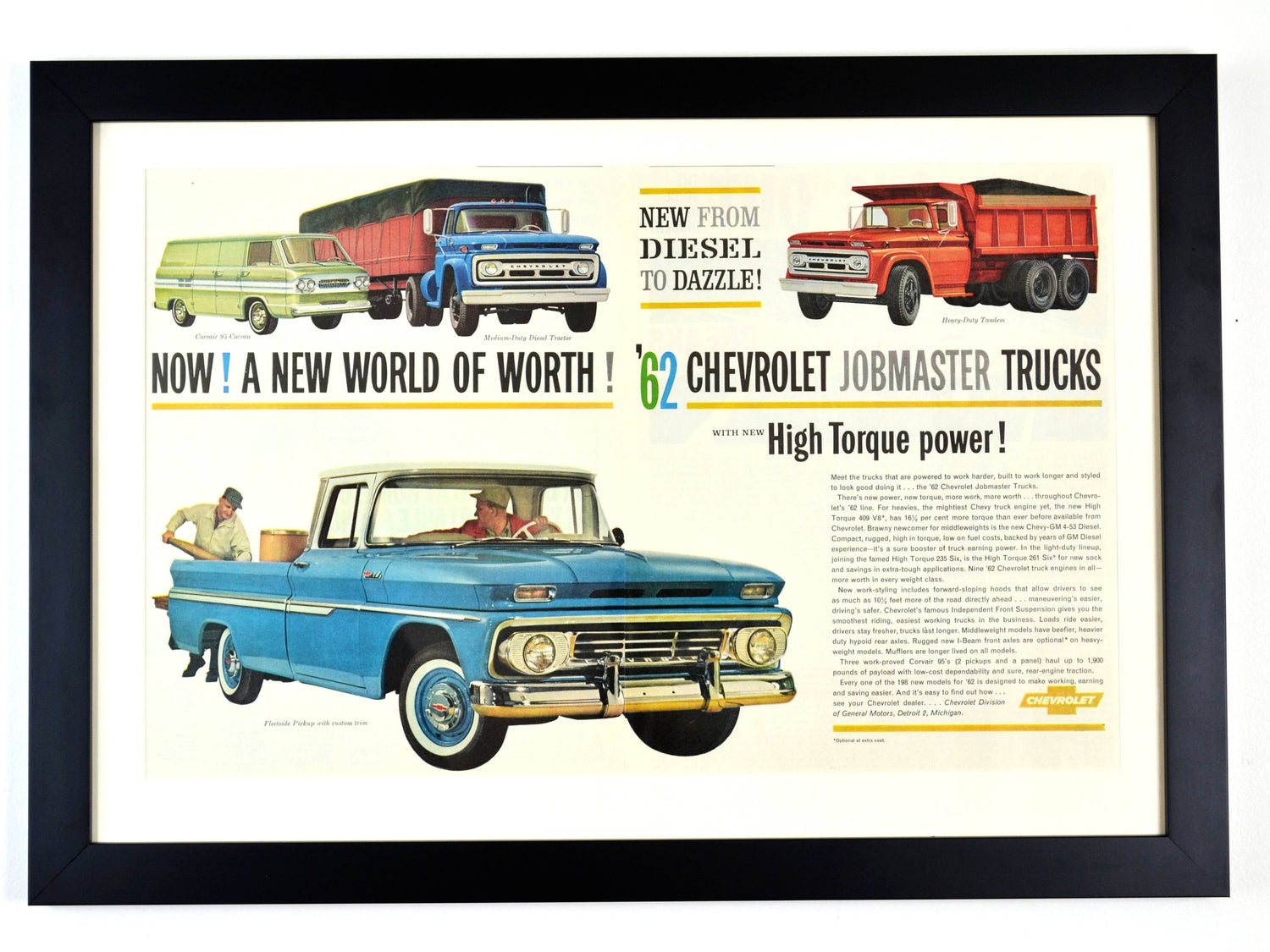 Framed vintage Diamond Reo truck advertisement featuring classic semi-trucks in a colorful illustrated scene. A must-have for trucking enthusiasts and collectors.