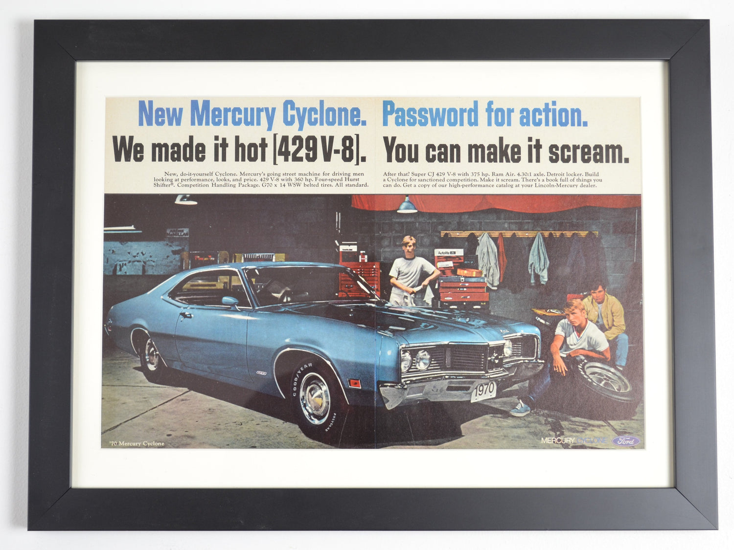 Framed vintage 1970 Mercury Cougar Eliminator advertisement featuring an orange muscle car with black racing stripes. A must-have for Mercury enthusiasts and collectors.