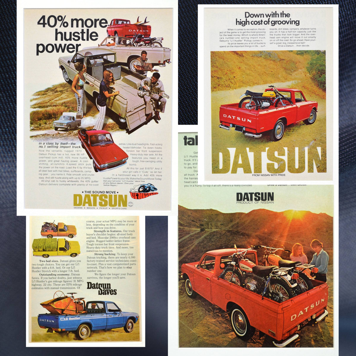 Collage of vintage Datsun and Nissan truck ads from the 1960s-1980s, featuring classic pickups loaded with gear. Includes original print ads and brochures.