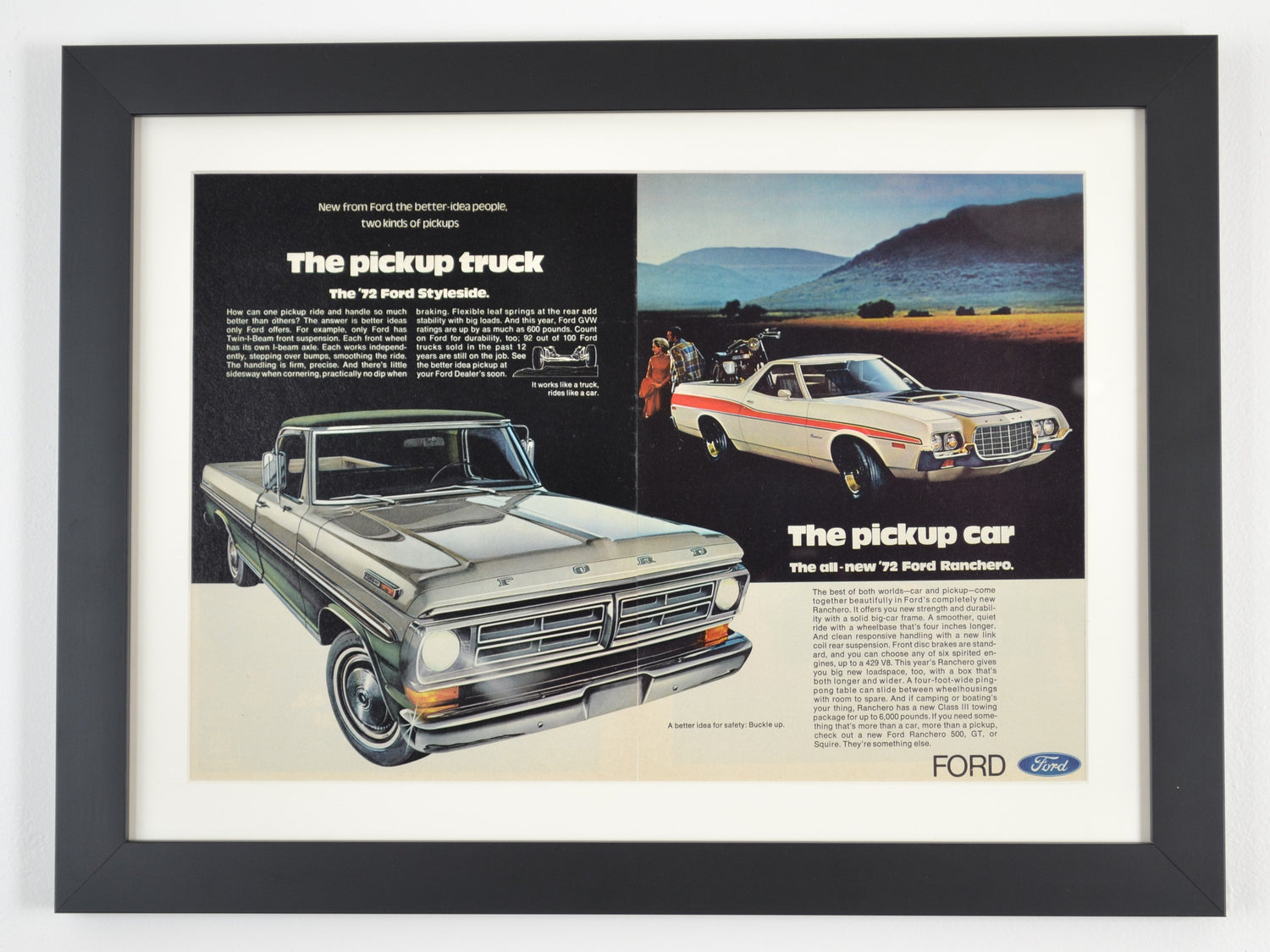 Framed vintage 1972 Ford truck advertisement featuring the F-Series pickup and Ranchero. A classic piece of Ford history, perfect for collectors and truck enthusiasts