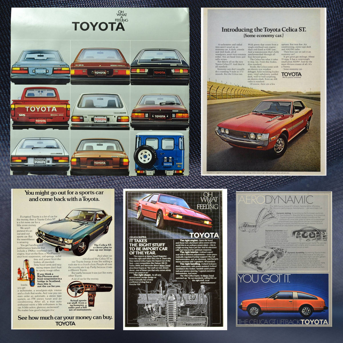 Collage of vintage Toyota advertisements, dealer brochures, and retro posters featuring the Celica, Land Cruiser, Corolla, Supra, and classic Toyota pickups.