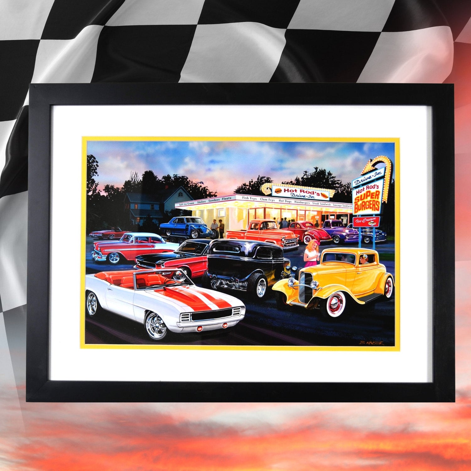 Framed vintage car art featuring a hot rod diner scene with classic muscle cars and hot rods. Perfect for car enthusiasts, collectors, and man caves. Available in the Framed Art Gallery at Vintage Art Garage.