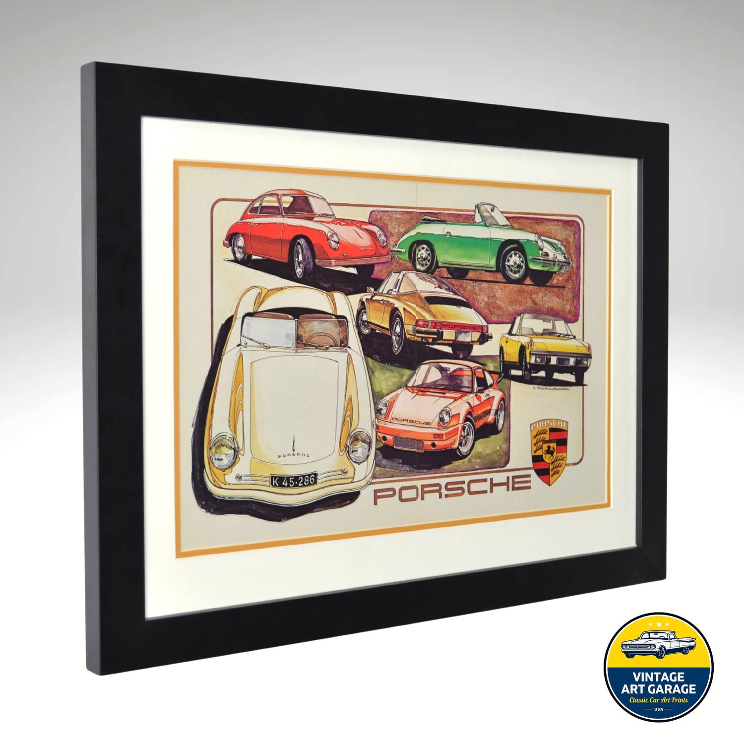 Framed Vintage Porsche Print Featuring Classic Models – 356, 911, 914, 930 – Double-Matted Porsche Wall Art