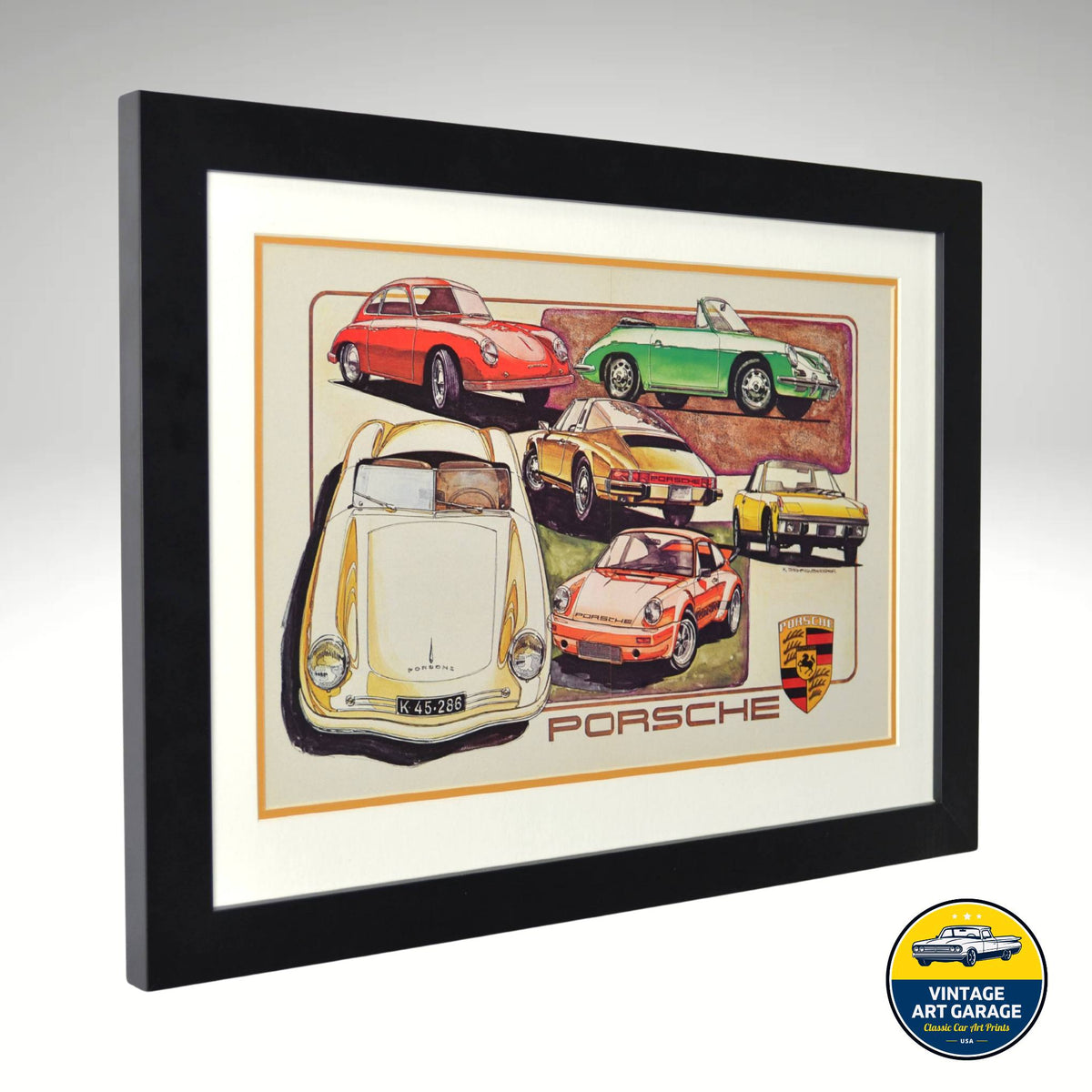 Framed Vintage Porsche Print Featuring Classic Models – 356, 911, 914, 930 – Double-Matted Porsche Wall Art