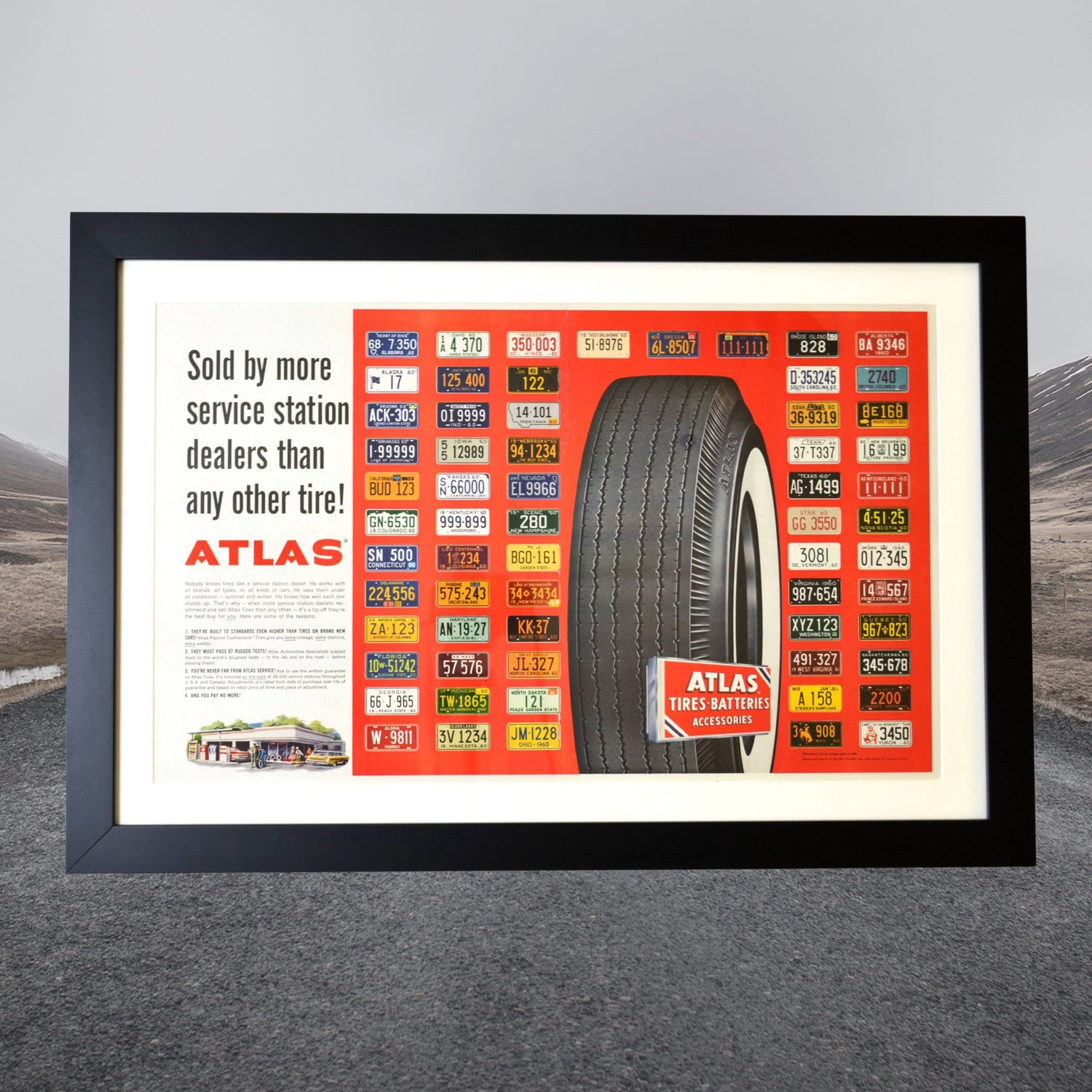 Vintage gas station collage featuring classic advertisements from Union 76, Atlas Tires, Sunoco, and Motorcraft. A nostalgic tribute to service station history.