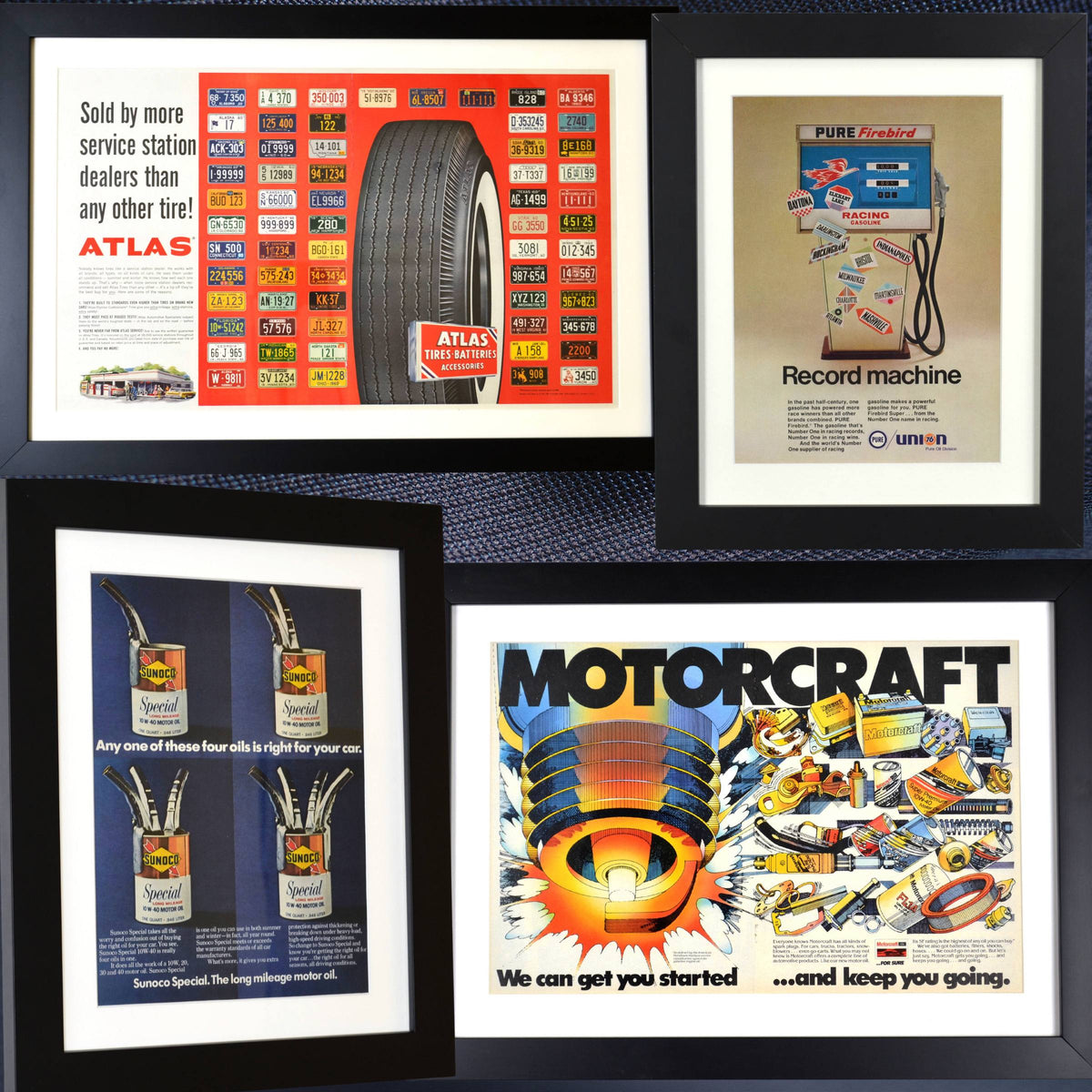 Vintage gas station collage featuring classic advertisements from Union 76, Atlas Tires, Sunoco, and Motorcraft. A nostalgic tribute to service station history.
