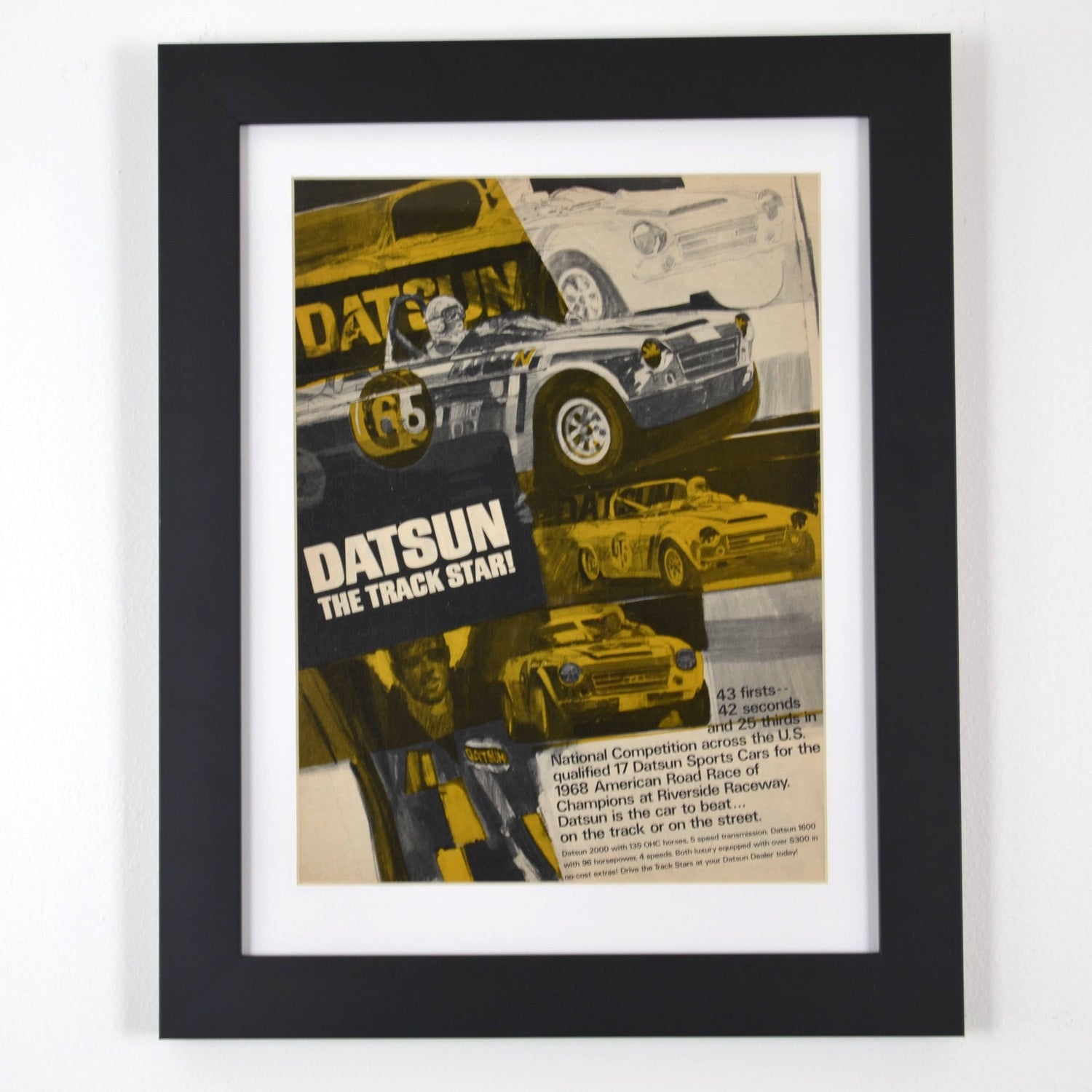 Collage of vintage Datsun and Nissan advertisements, dealer brochures, and retro posters featuring the Datsun 240Z, 280ZX, 510, Bluebird, and Skyline.