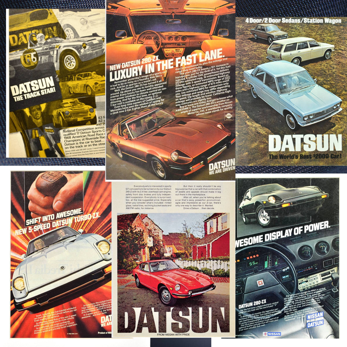 Collage of vintage Datsun and Nissan advertisements, dealer brochures, and retro posters featuring the Datsun 240Z, 280ZX, 510, Bluebird, and Skyline.