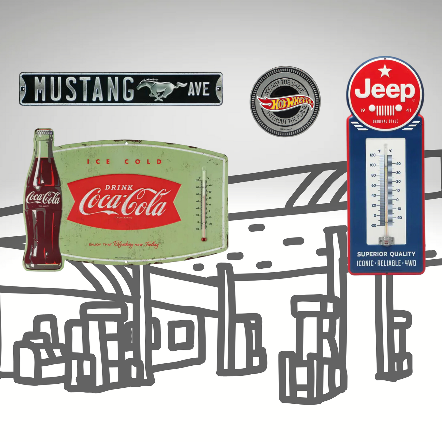 Retro wall decor collection featuring vintage signs, thermometers, and wall hangings from brands like Coca-Cola, Jeep, Mustang, and Hot Wheels. Perfect for garages, mancaves, and collectors at Vintage Art Garage.