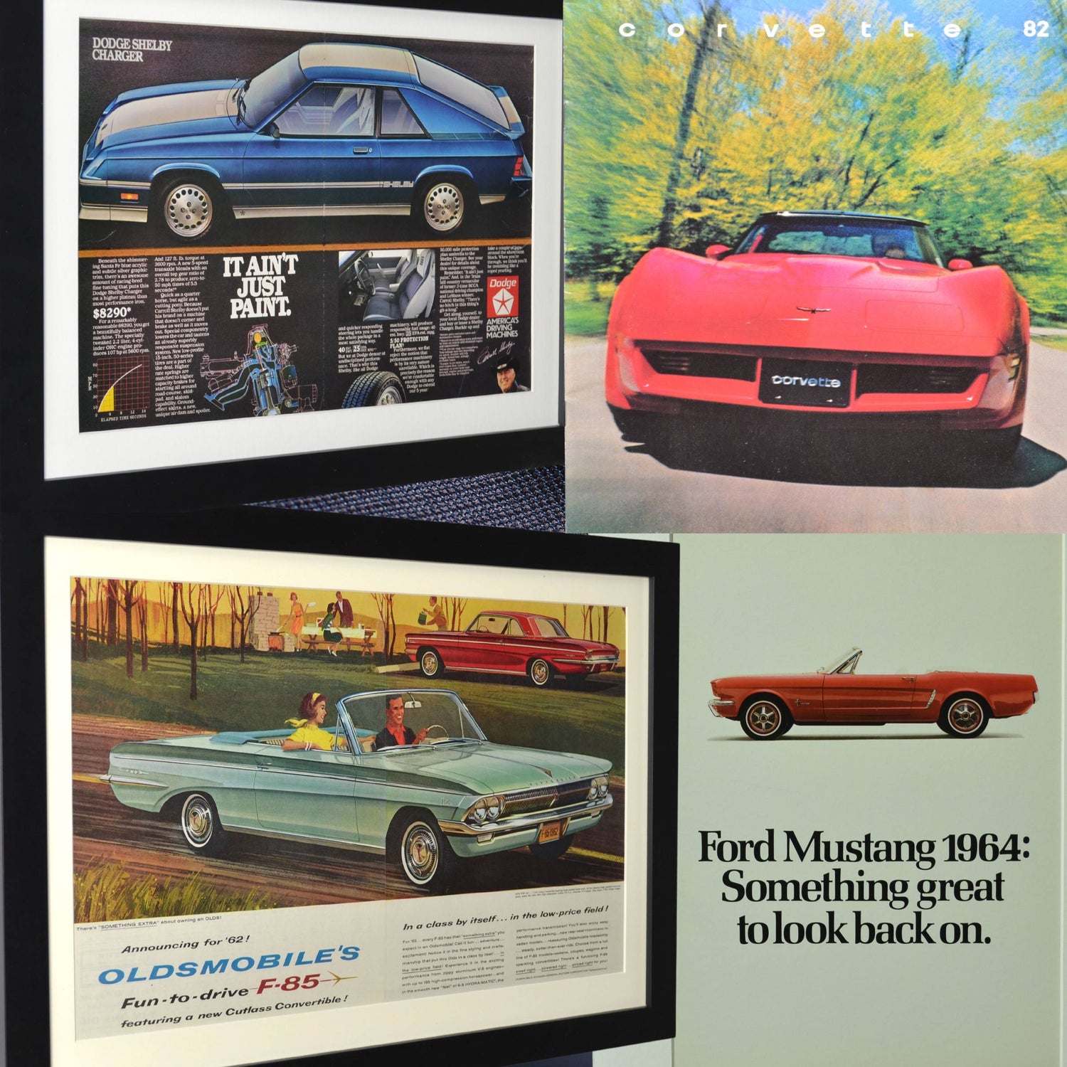 Collage of vintage car advertisements and dealer brochures featuring classic models like the Mustang, Corvette, Dodge Shelby Charger, and Oldsmobile Cutlass