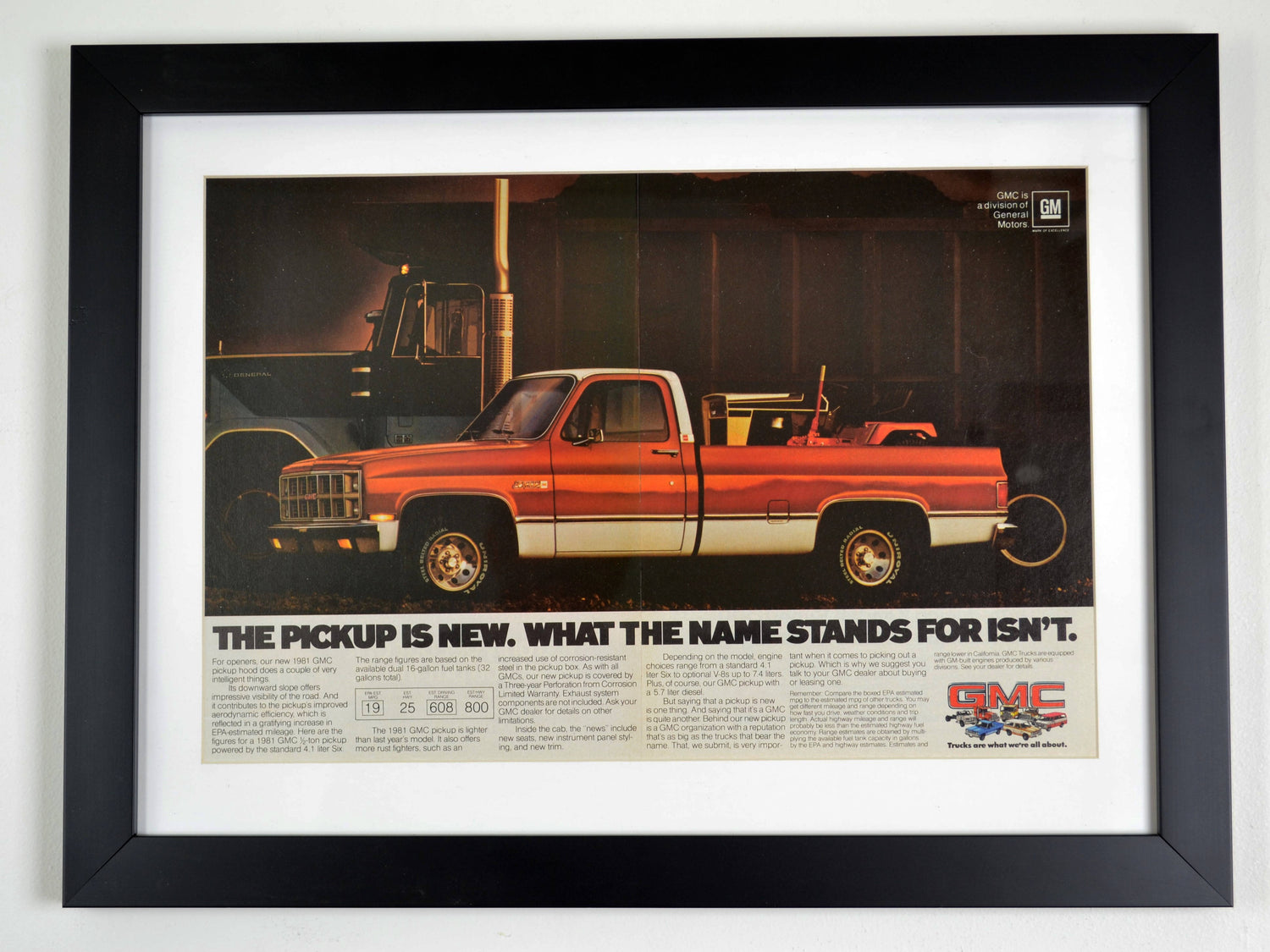 Framed vintage 1981 GMC truck advertisement featuring a classic two-tone GMC Sierra pickup. A must-have for collectors and truck enthusiasts.