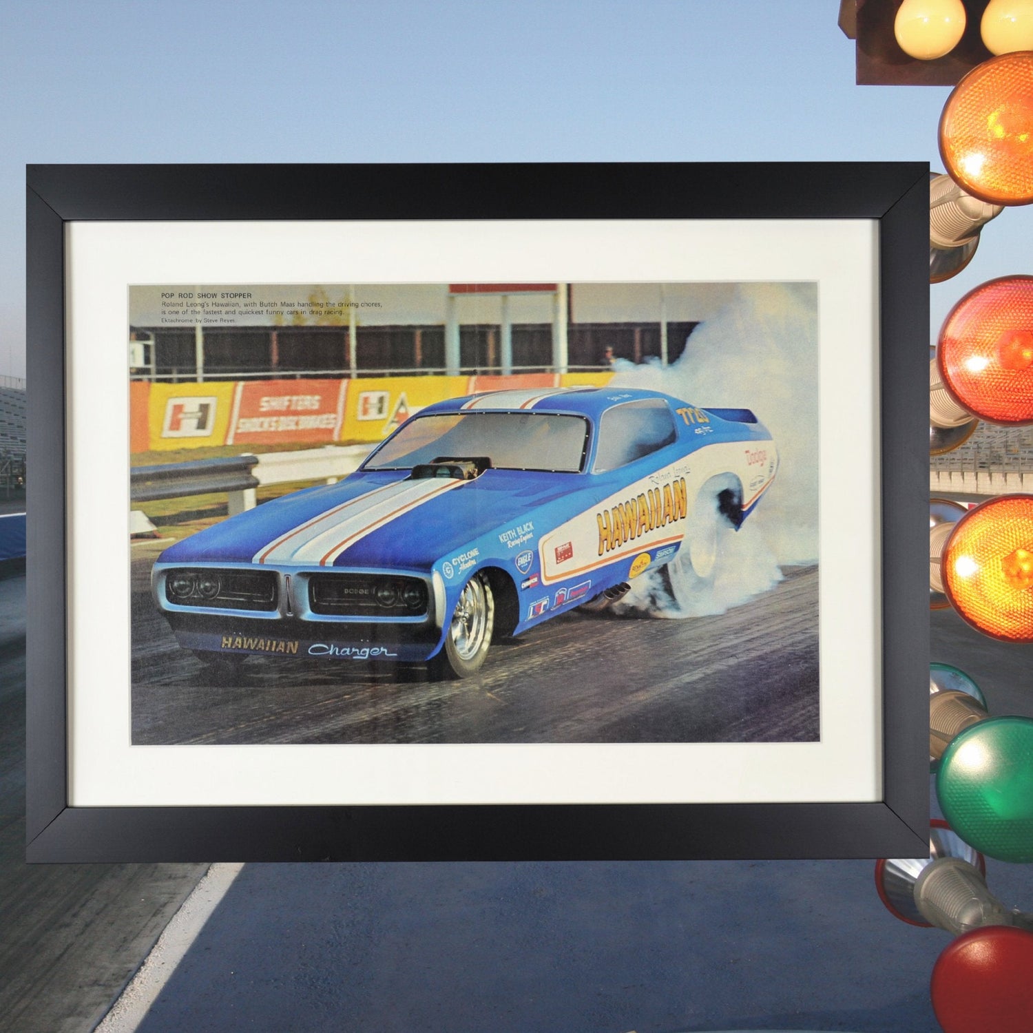 A collage of vintage NHRA drag racing memorabilia, featuring framed prints of iconic dragsters, funny cars, and classic race moments, including Don Garlits and Motorcraft-sponsored racers. Perfect wall art for racing enthusiasts.