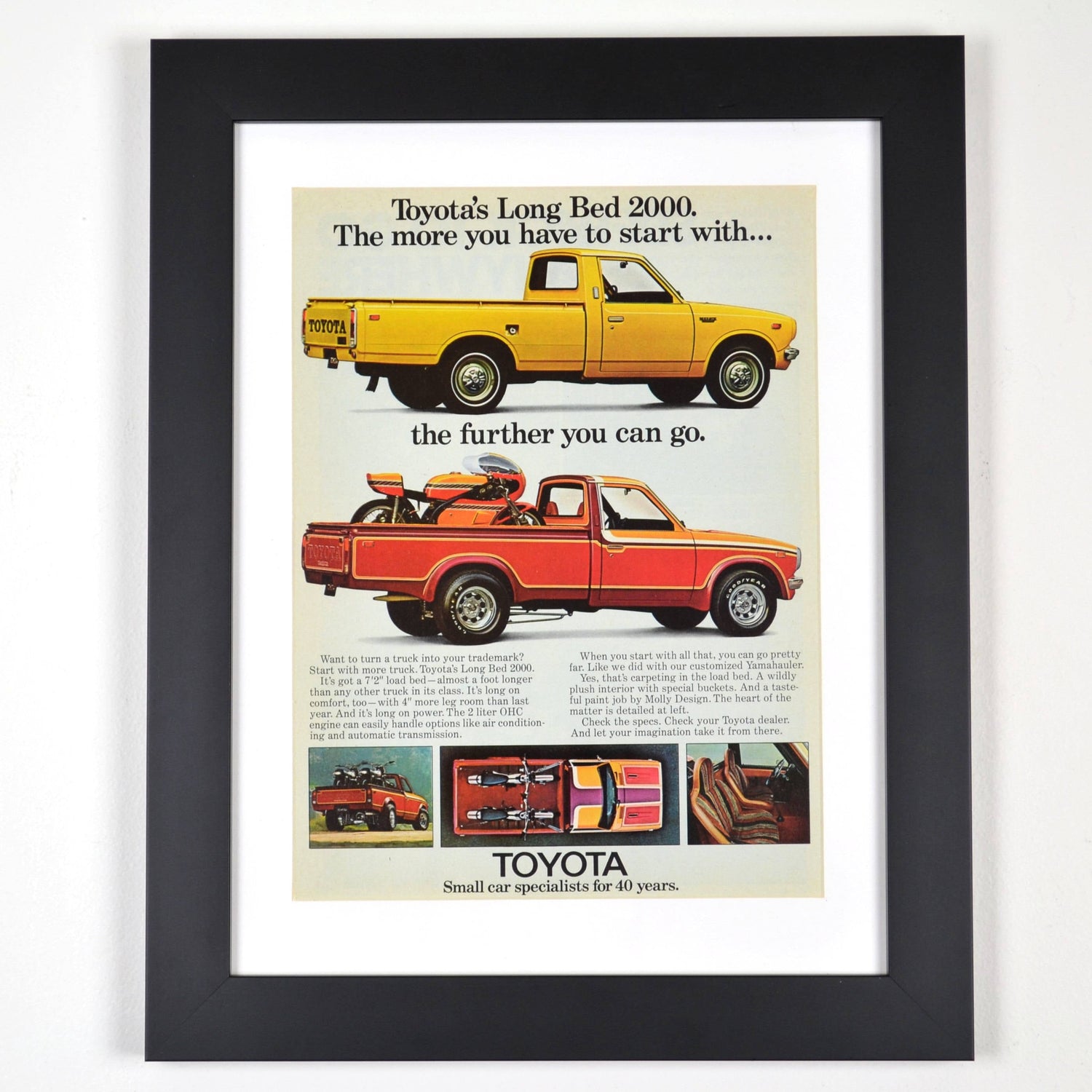 Collage of vintage Toyota truck ads and brochures, featuring classic SR5 pickups and Land Cruisers from the 1970s-1980s. Showcases rugged styling, dashboards, and 4x4 capability.