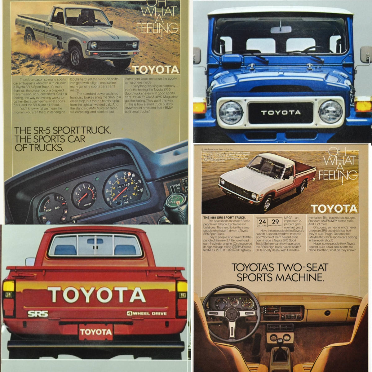 Collage of vintage Toyota truck ads and brochures, featuring classic SR5 pickups and Land Cruisers from the 1970s-1980s. Showcases rugged styling, dashboards, and 4x4 capability.
