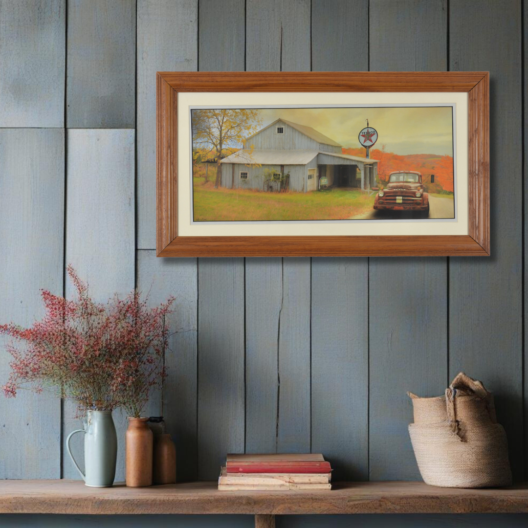 Vintage Truck and Texaco Station Country Art Print, view mounted on the wall