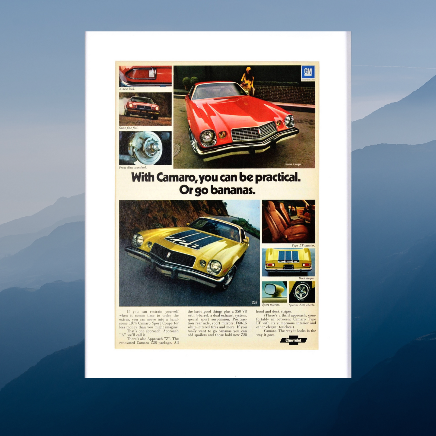 1974 Chevrolet Camaro z28 nostalgia print ad. , classic car wall art