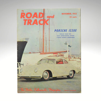 Cover of 'Road and Track' magazine featuring a Porsche car, November 1952 issue.