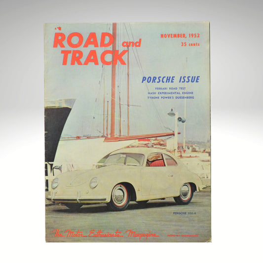 Cover of 'Road and Track' magazine featuring a Porsche car, November 1952 issue.