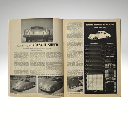 Open book with vintage Porsche car advertisements and specifications on a white background