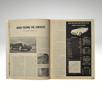 Open book with automotive content featuring a 1954 Corvette, on a light gray background