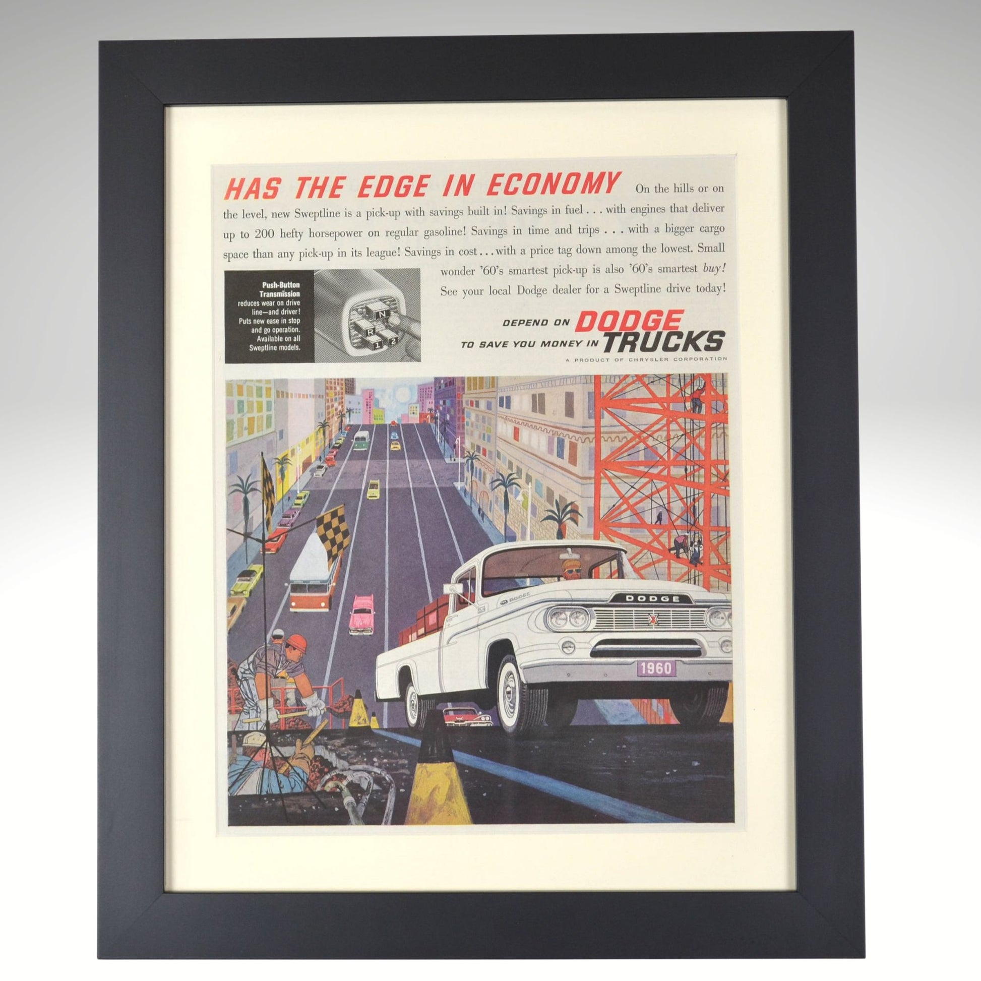 Vintage advertisement for Dodge trucks with a city street scene and white truck.