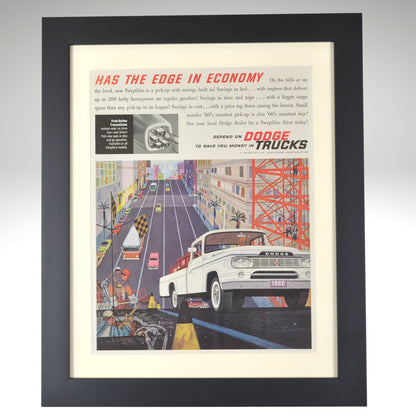 Vintage advertisement for Dodge trucks with a city street scene and white truck.