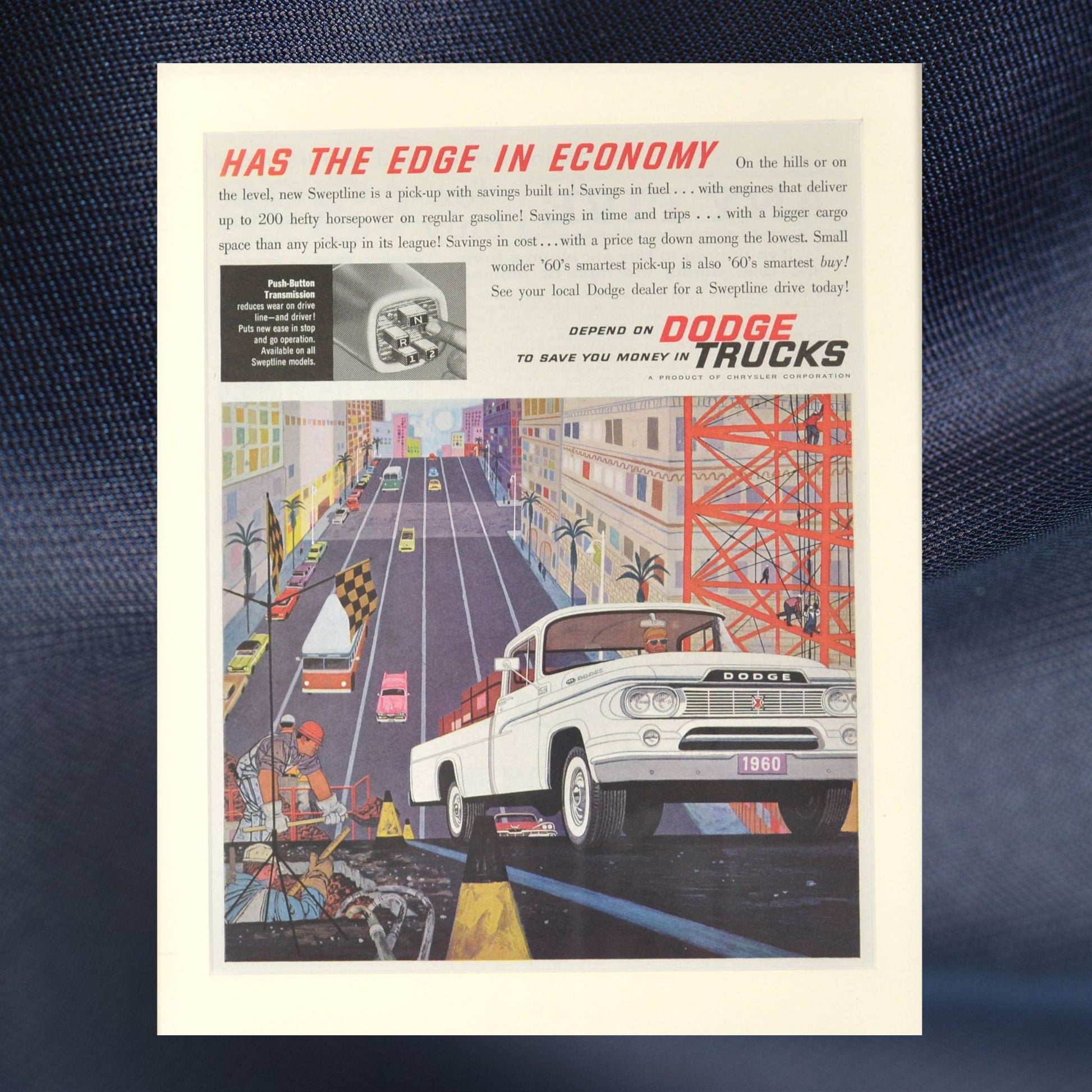 Vintage advertisement for 1960 Dodge Trucks featuring a white truck on a city street with text about economy.