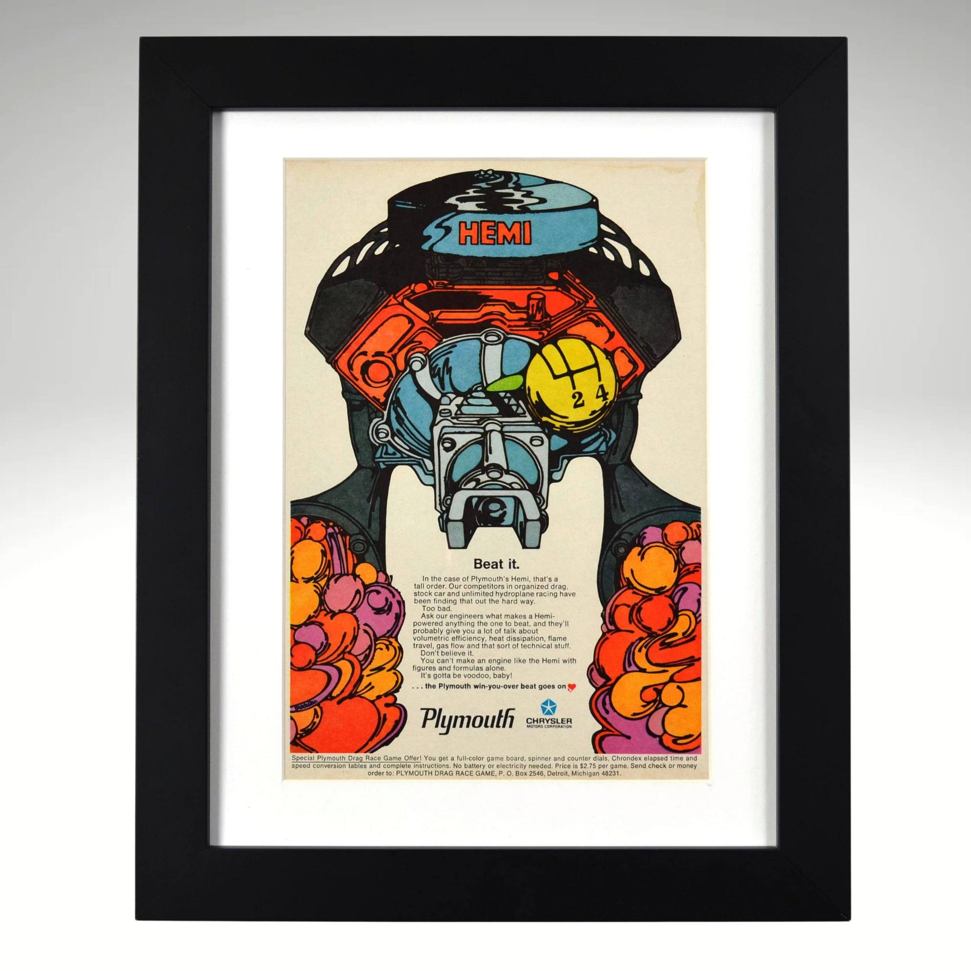 Framed poster of a colorful engine illustration with 'HEMI' branding on a beige background.
