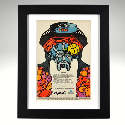 Framed poster of a colorful engine illustration with 'HEMI' branding on a beige background.