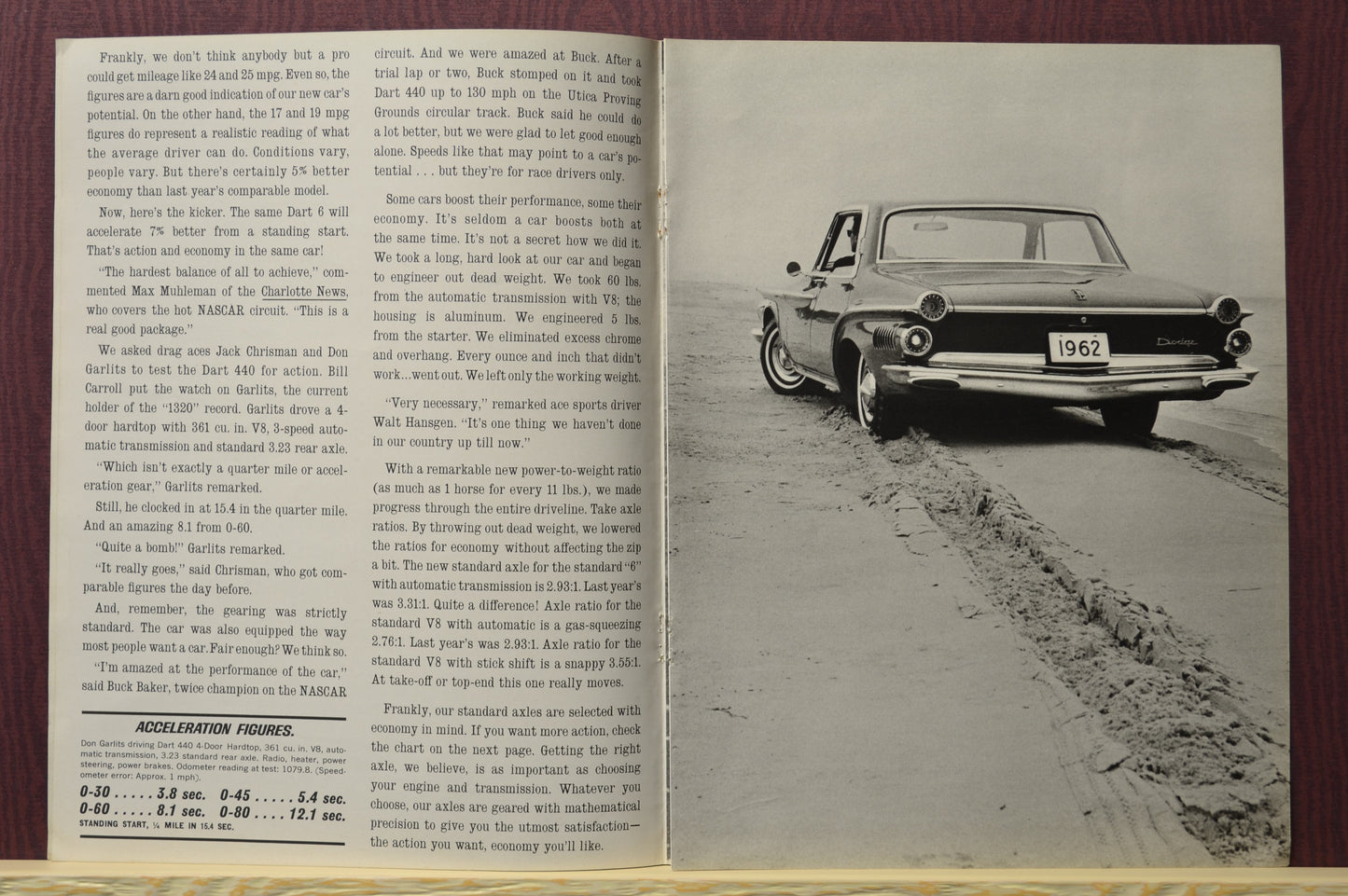 Pages from the 1962 Dodge Dart 440 brochure with performance data, fuel economy details, and handling improvements for the model year.