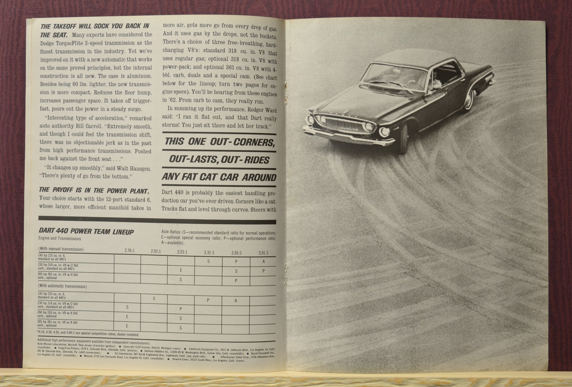 Pages from the 1962 Dodge Dart 440 brochure with engine, transmission and axle ratio details, for the model year.