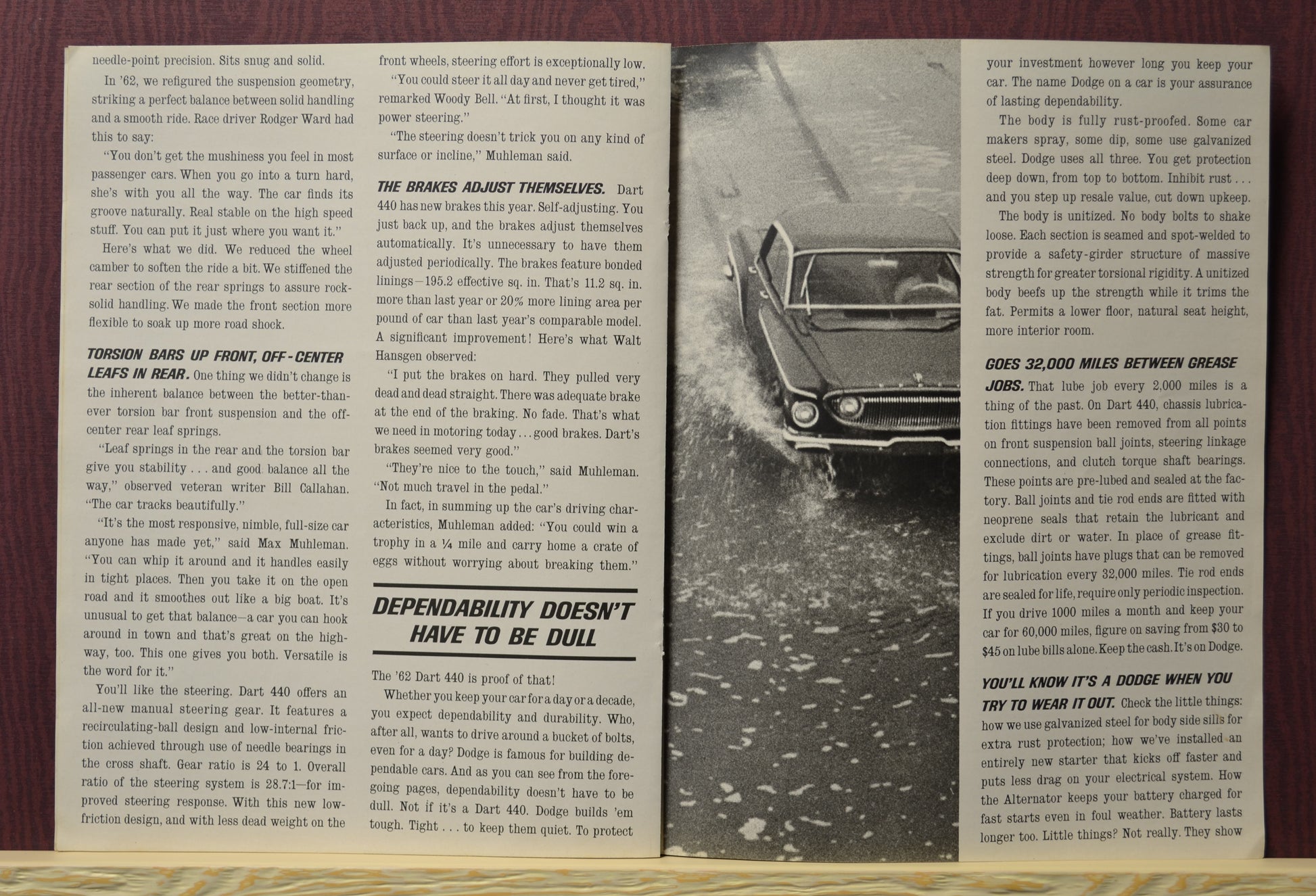 Pages from the 1962 Dodge Dart 440 brochure with maintenance and dependability data, for the model year.