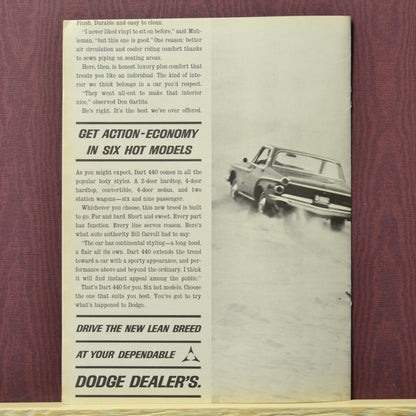 Back Cover Image: 1962 Dodge Dart 440 vintage sales brochure, featuring bold typography and a black-and-white image of the Dodge Dart in motion.