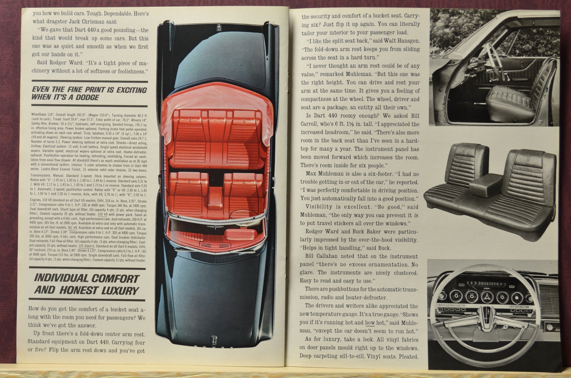 Pages from the 1962 Dodge Dart 440 brochure with interior comfort for the model year.