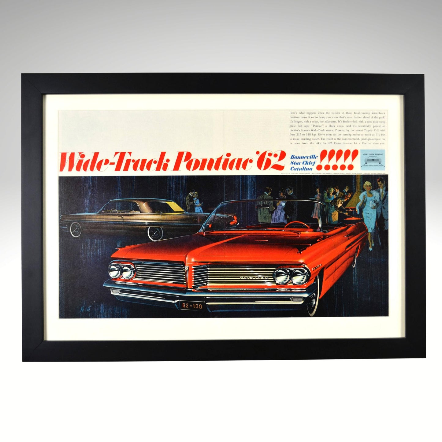 Framed advertisement for a red Pontiac car with text 'Wide-Track Pontiac 62' on a gray background.