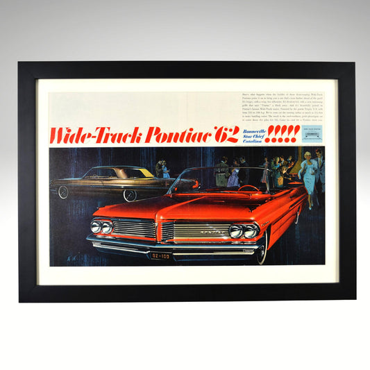 Framed advertisement for a red Pontiac car with text 'Wide-Track Pontiac 62' on a gray background.