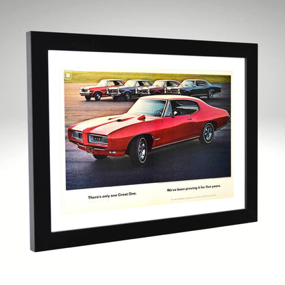 Framed 1968 Pontiac GTO ad featuring 1964–1968 lineup and “Great One” slogan side view

