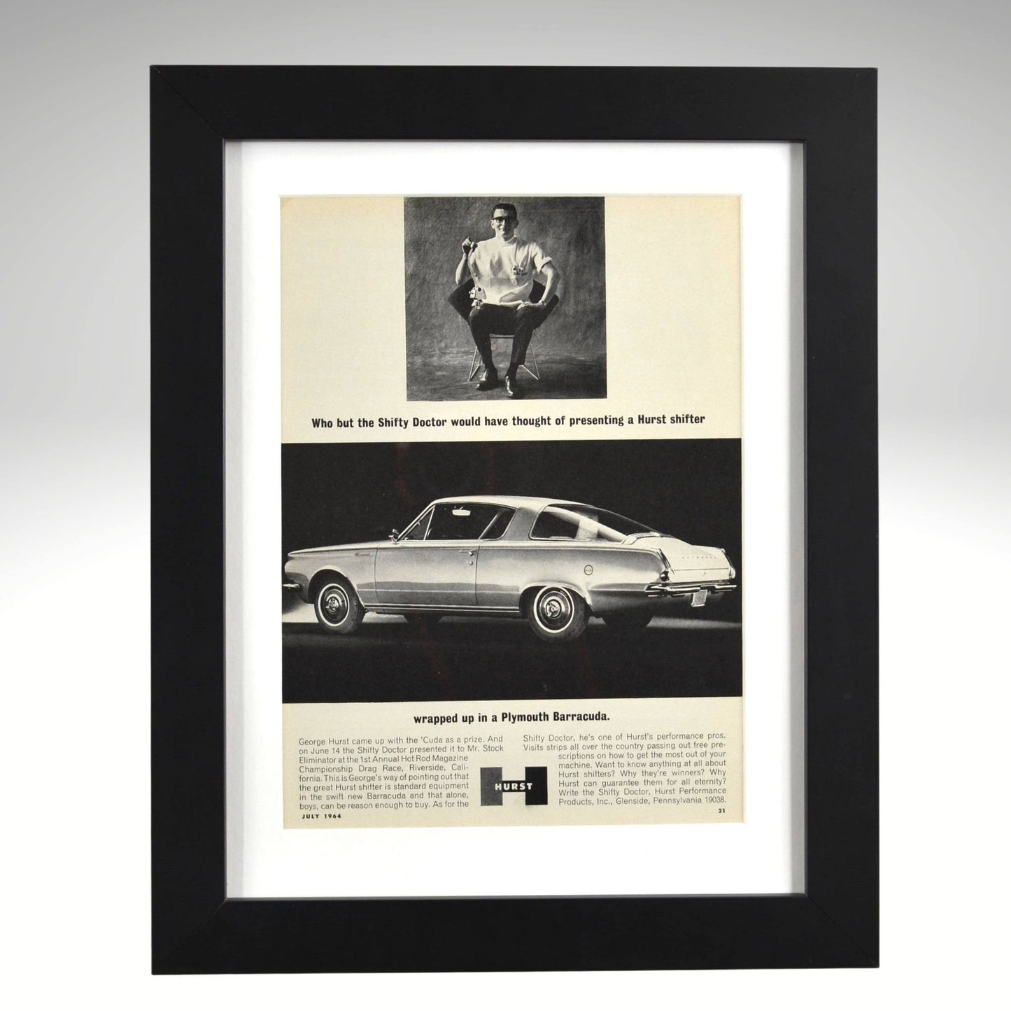 1964 Plymouth Barracuda Hurst shifter framed vintage ad Mopar wall art