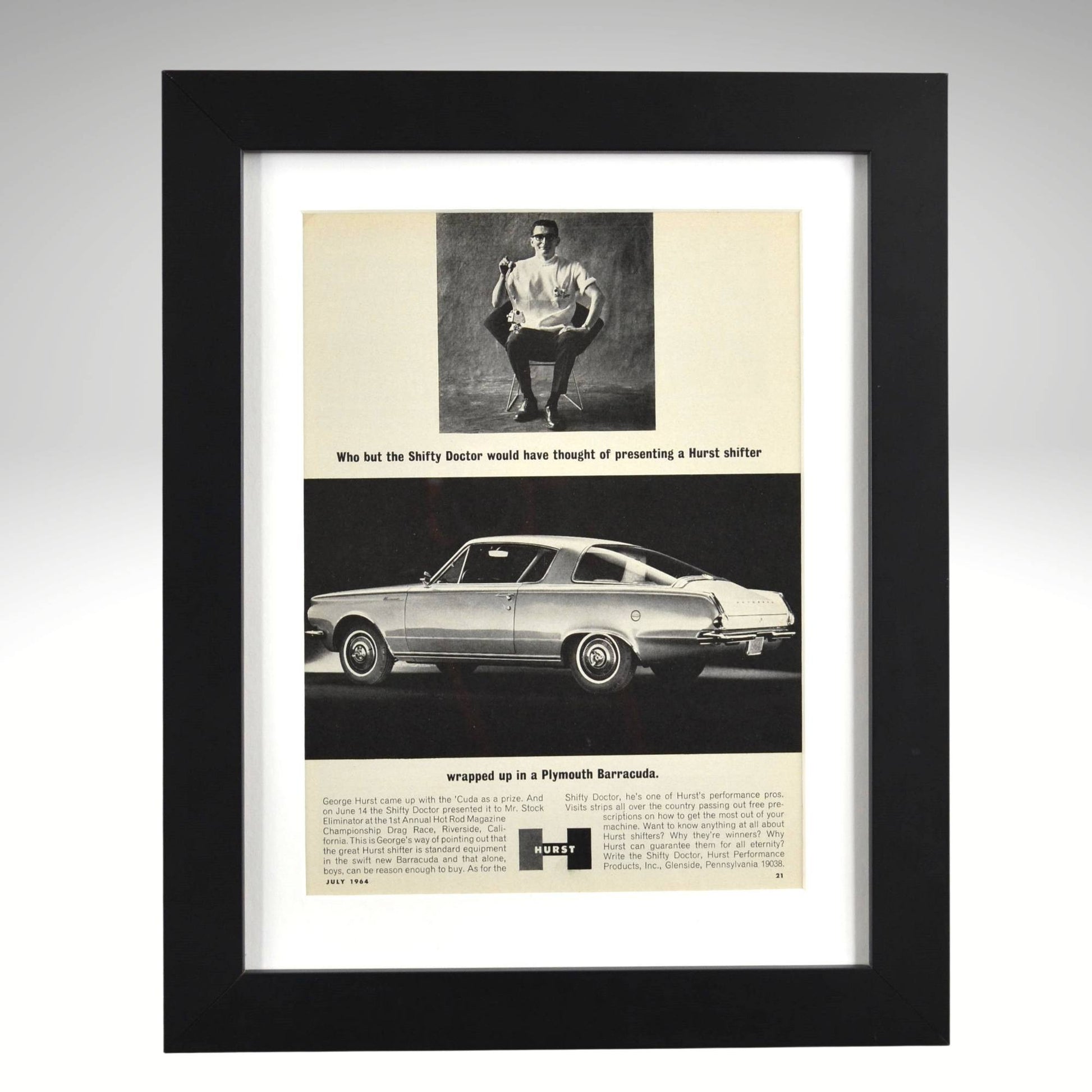1964 Plymouth Barracuda Hurst shifter framed vintage ad Mopar wall art