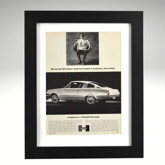 1964 Plymouth Barracuda Hurst shifter framed vintage ad Mopar wall art