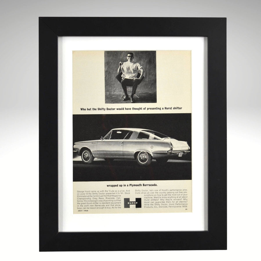 1964 Plymouth Barracuda Hurst shifter framed vintage ad Mopar wall art